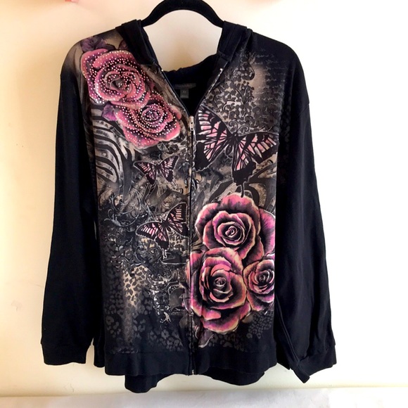 Essentials Tops - Essentials Sz 4X hoodie zip front Y2K graphic roses Butterflies crystals black
